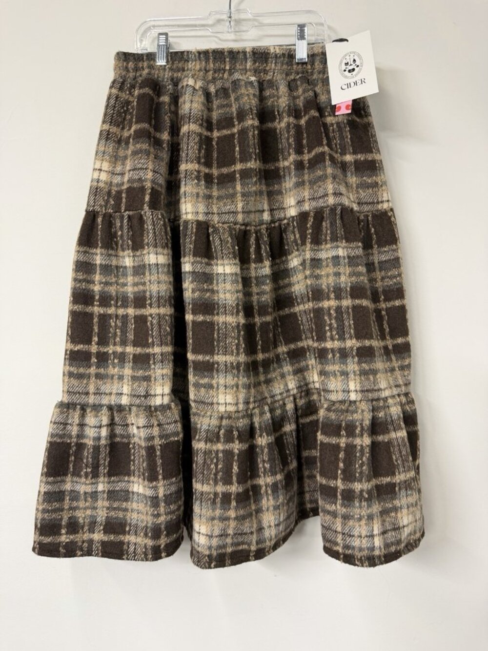 New Cider Medium Plaid Soft Brown Tiered Maxi Skirt Boho Peasant Elastic Waist